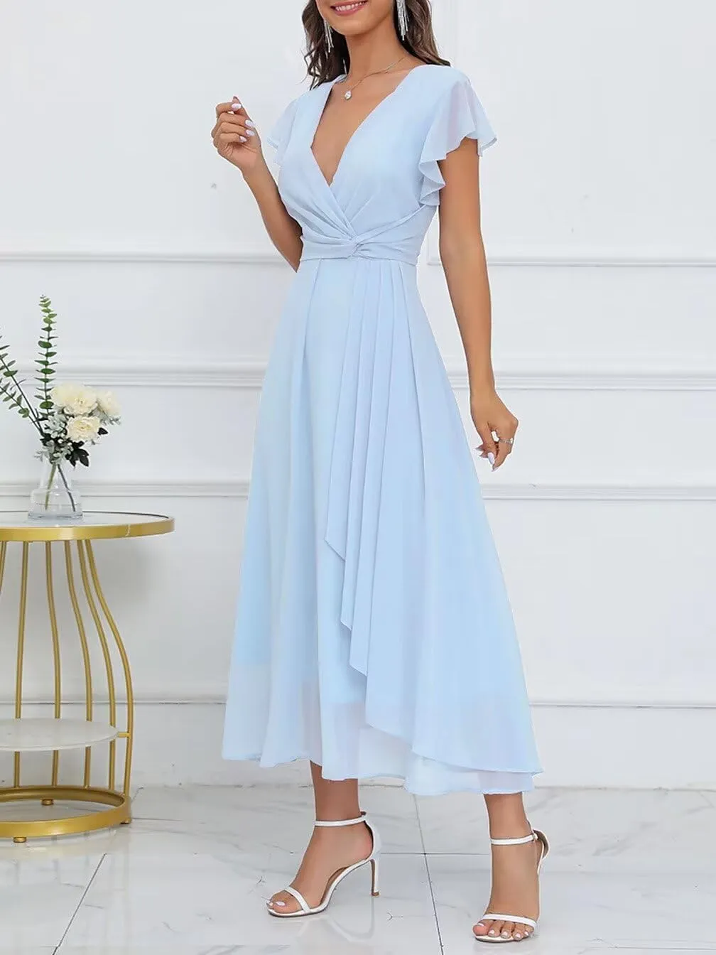 Womens V Neck Prom Dress Long Elegant Formal Dress Sleeveless Chiffon Cocktail Dresses with Pleat