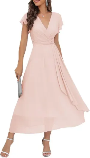 Womens V Neck Prom Dress Long Elegant Formal Dress Sleeveless Chiffon Cocktail Dresses with Pleat