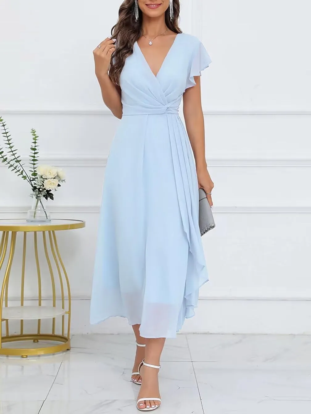 Womens V Neck Prom Dress Long Elegant Formal Dress Sleeveless Chiffon Cocktail Dresses with Pleat