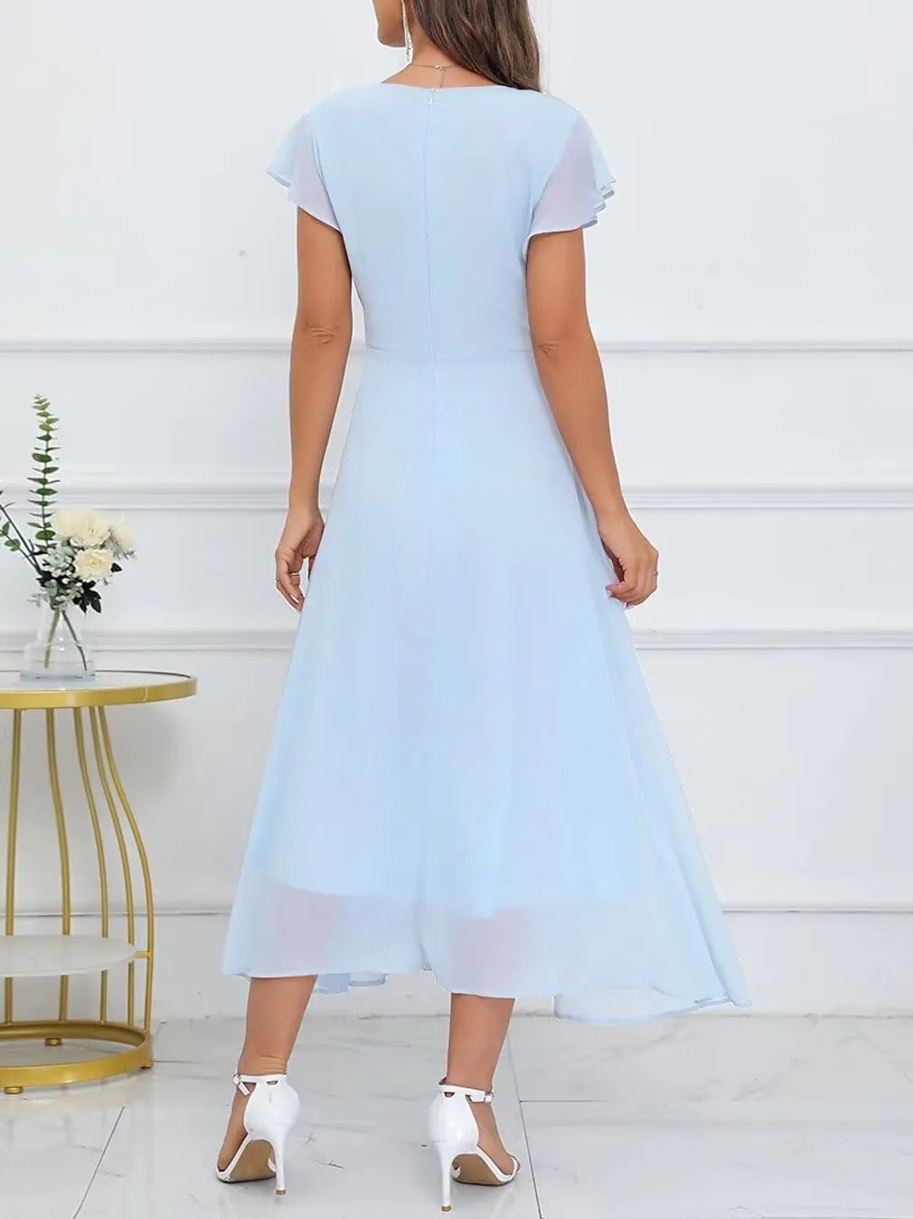 Womens V Neck Prom Dress Long Elegant Formal Dress Sleeveless Chiffon Cocktail Dresses with Pleat