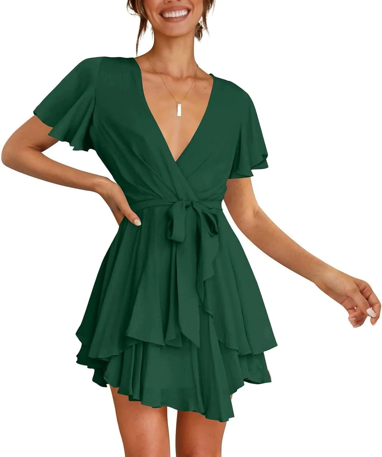 Women's Wrap V Neck Short Flared Sleeve Wedding Guest Dress Smocked Elastic Waist Tiered Ruffle Hem Mini Dress