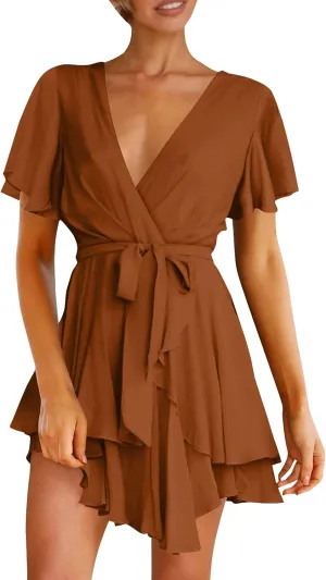 Women's Wrap V Neck Short Flared Sleeve Wedding Guest Dress Smocked Elastic Waist Tiered Ruffle Hem Mini Dress