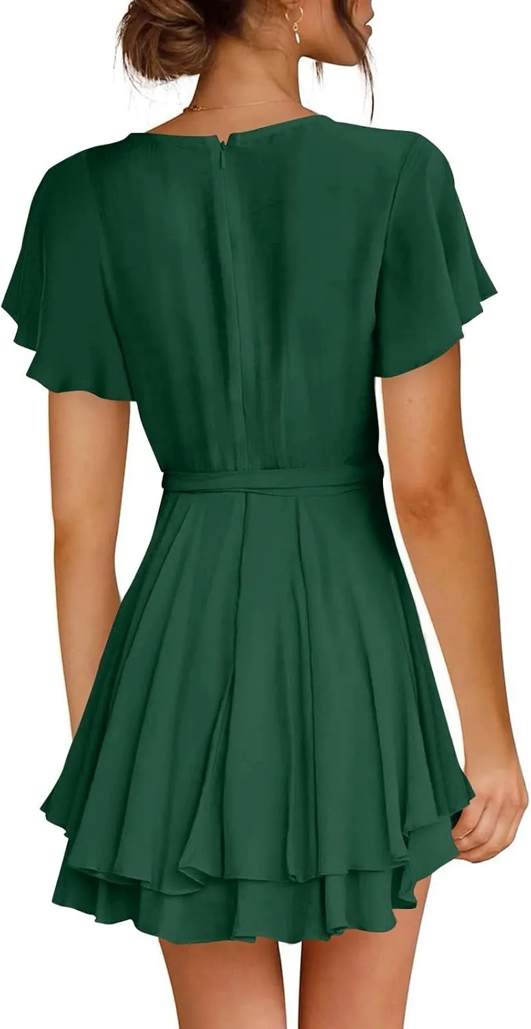 Women's Wrap V Neck Short Flared Sleeve Wedding Guest Dress Smocked Elastic Waist Tiered Ruffle Hem Mini Dress