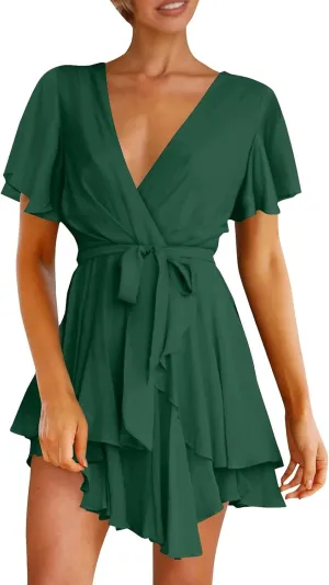 Women's Wrap V Neck Short Flared Sleeve Wedding Guest Dress Smocked Elastic Waist Tiered Ruffle Hem Mini Dress