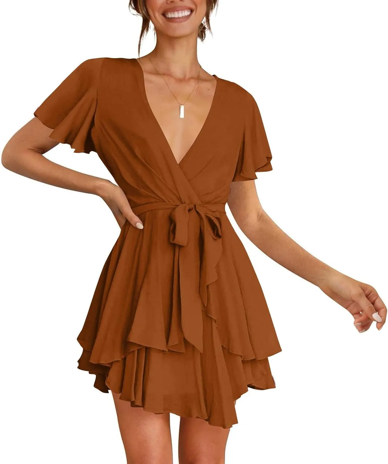 Women's Wrap V Neck Short Flared Sleeve Wedding Guest Dress Smocked Elastic Waist Tiered Ruffle Hem Mini Dress