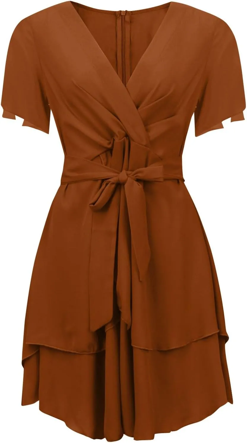 Women's Wrap V Neck Short Flared Sleeve Wedding Guest Dress Smocked Elastic Waist Tiered Ruffle Hem Mini Dress