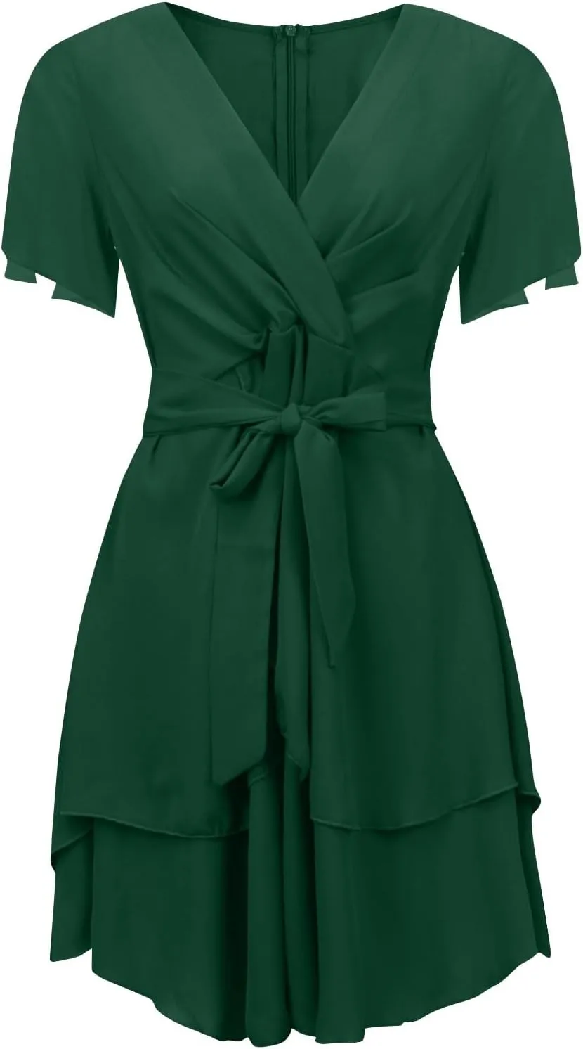 Women's Wrap V Neck Short Flared Sleeve Wedding Guest Dress Smocked Elastic Waist Tiered Ruffle Hem Mini Dress