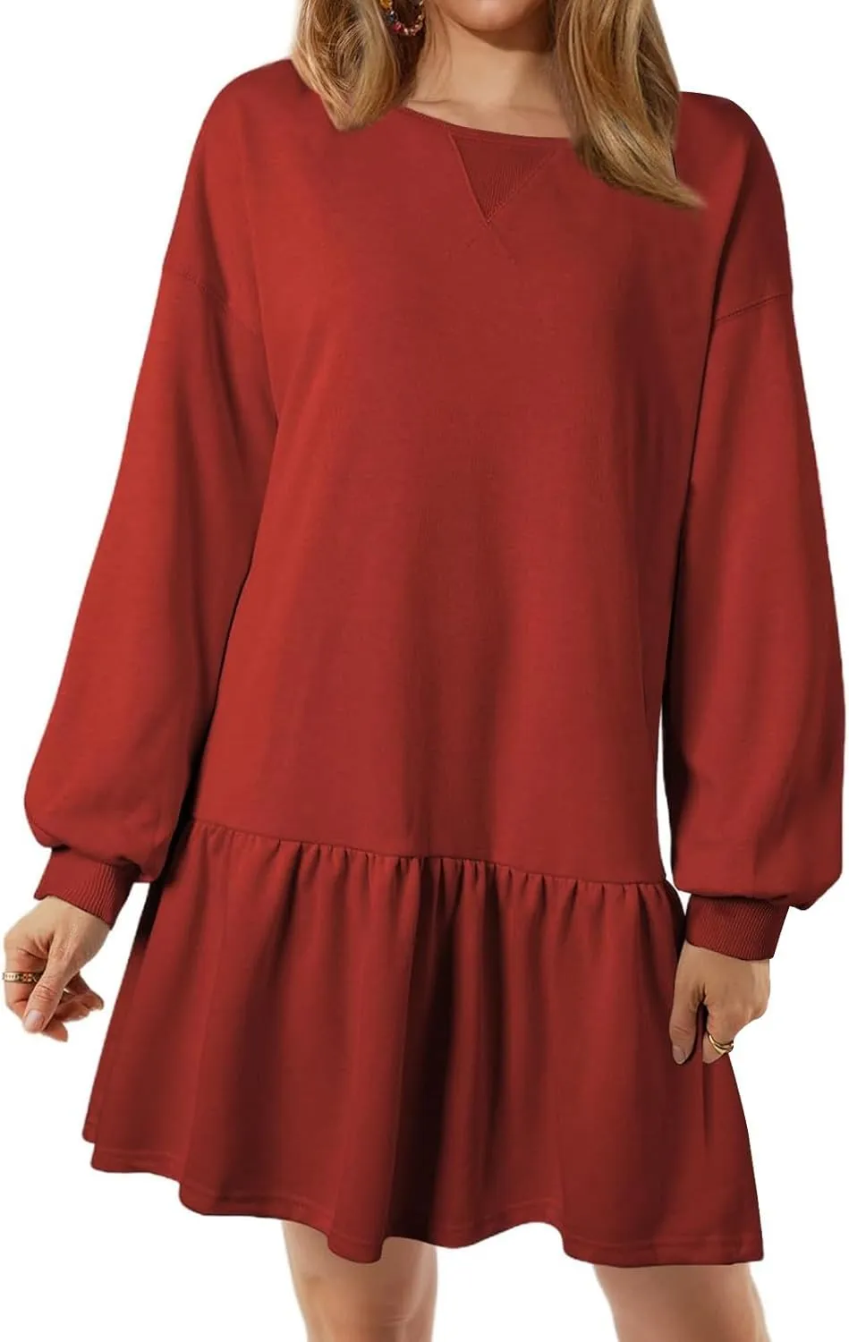 Wowcarbazole Womens Fall Long Sleeve Crewneck Oversized Sweatshirt Dress Casual Loose Fit Solid Color Cute Mini Dresses