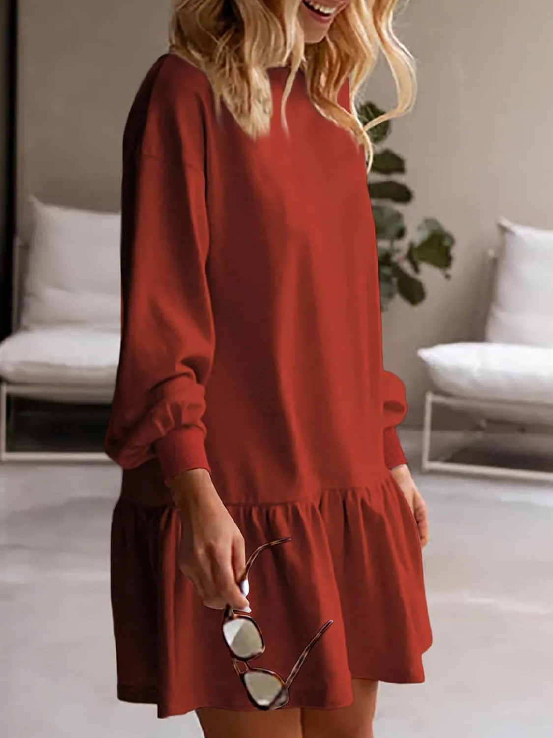 Wowcarbazole Womens Fall Long Sleeve Crewneck Oversized Sweatshirt Dress Casual Loose Fit Solid Color Cute Mini Dresses