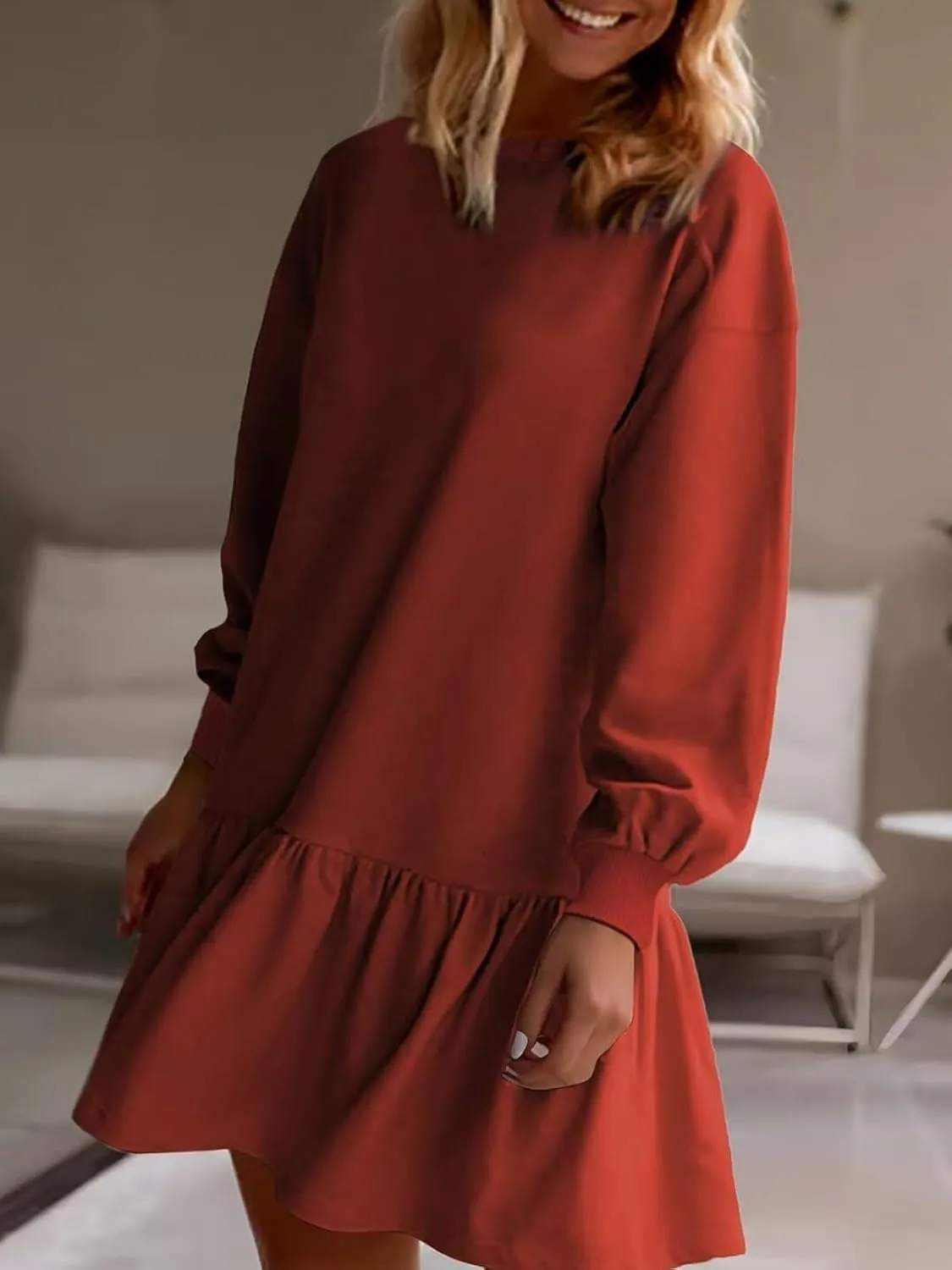 Wowcarbazole Womens Fall Long Sleeve Crewneck Oversized Sweatshirt Dress Casual Loose Fit Solid Color Cute Mini Dresses