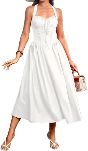 XinFSh Women's Summer Halter Midi Dress Casual Sleeveless Flowy Corset Dresses Sweetheart Milkmaid Beach Vacation Sundress