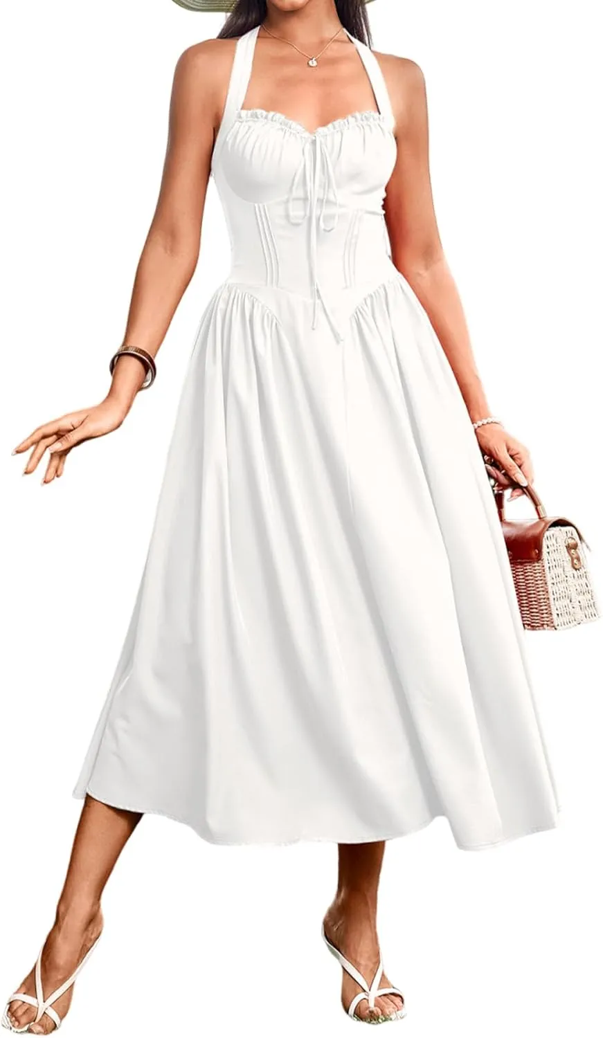 XinFSh Women's Summer Halter Midi Dress Casual Sleeveless Flowy Corset Dresses Sweetheart Milkmaid Beach Vacation Sundress
