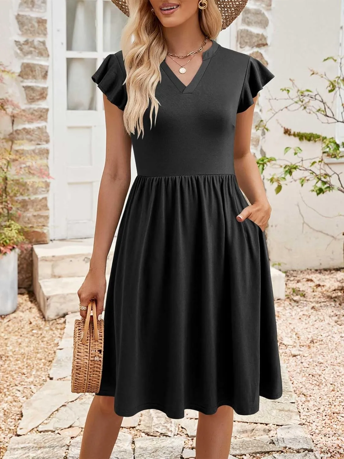 YATHON Casual Dresses for Women 2025 Cute Summer Floral Fit and Flare Cap Sleeve A Line Knee Length Dress with Pocket
