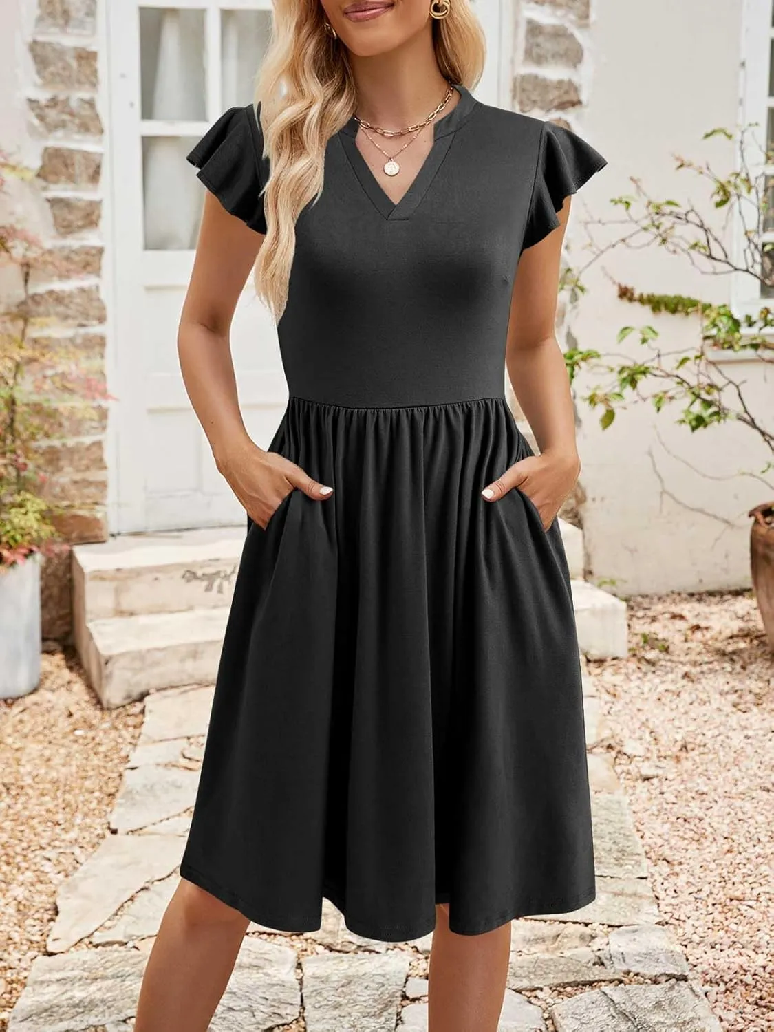 YATHON Casual Dresses for Women 2025 Cute Summer Floral Fit and Flare Cap Sleeve A Line Knee Length Dress with Pocket