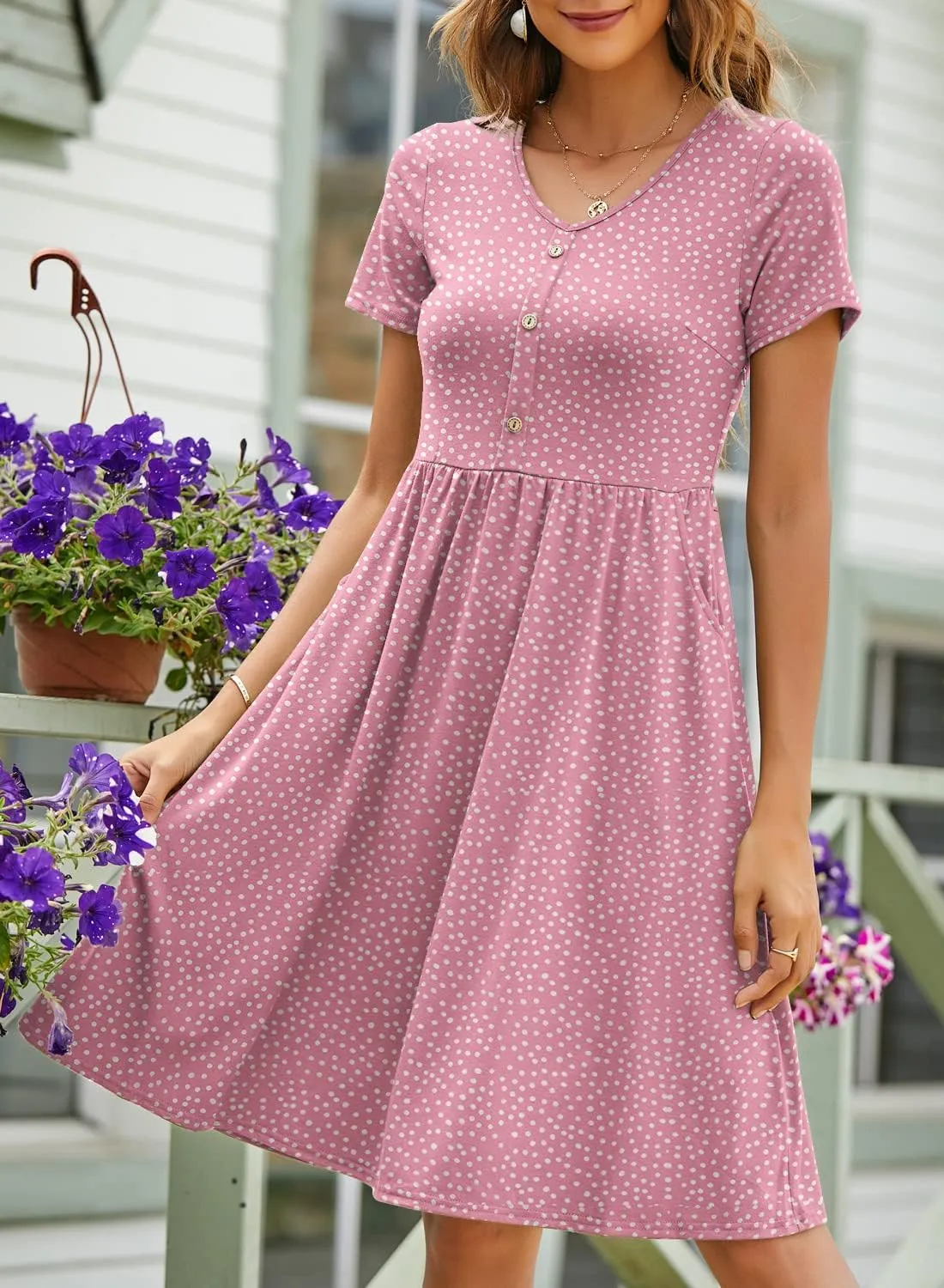 YATHON Fall Dresses for Women 2023 with Sleeves Cotton V Neck Button Down A Line Casual Dress Pockets