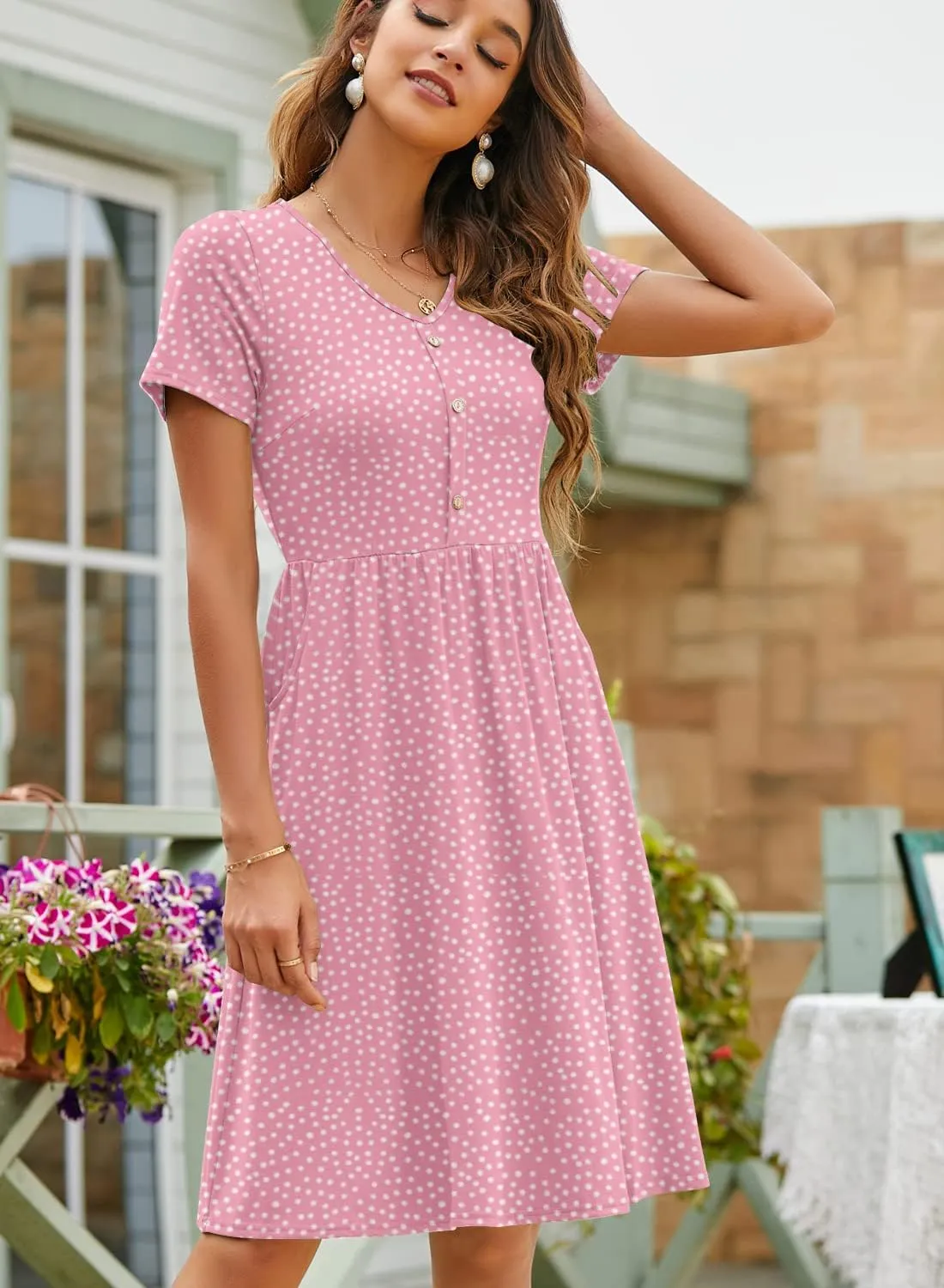 YATHON Fall Dresses for Women 2023 with Sleeves Cotton V Neck Button Down A Line Casual Dress Pockets