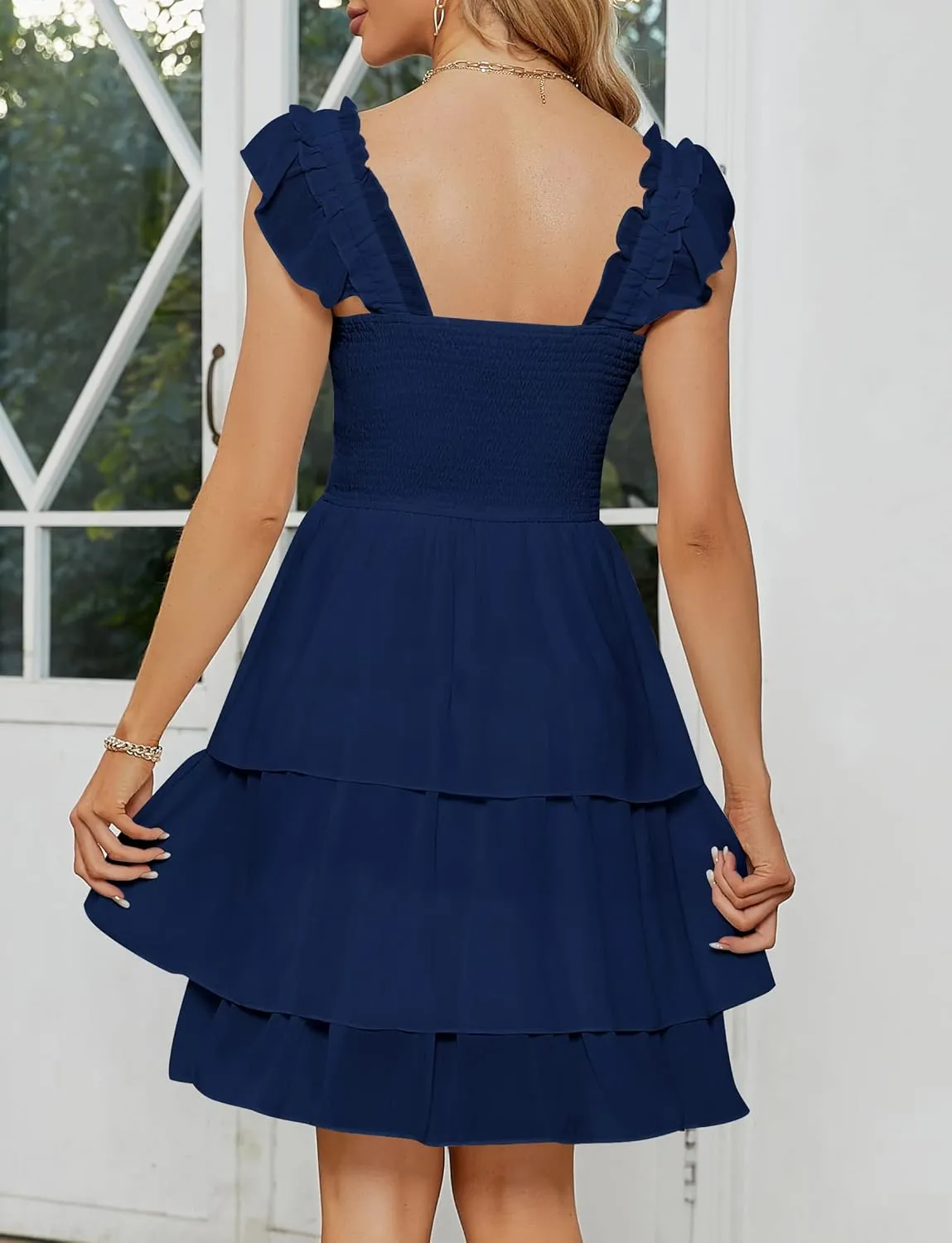 YATHON Smocked Ruffle Short Mini Dress for Women Square Neck Flowy Sleeveless Tiered Party Wedding Guest Dresses