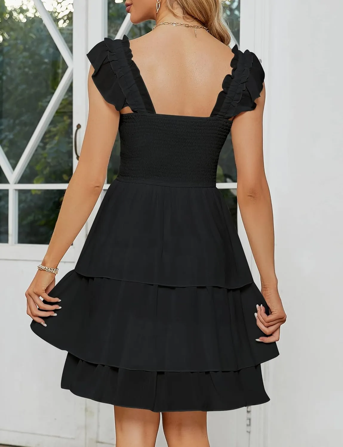 YATHON Smocked Ruffle Short Mini Dress for Women Square Neck Flowy Sleeveless Tiered Party Wedding Guest Dresses
