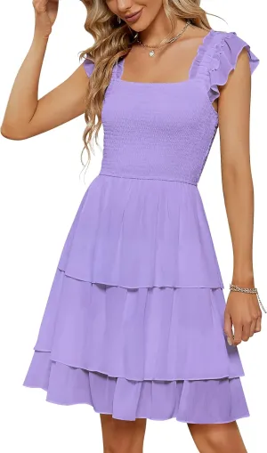 YATHON Smocked Ruffle Short Mini Dress for Women Square Neck Flowy Sleeveless Tiered Party Wedding Guest Dresses