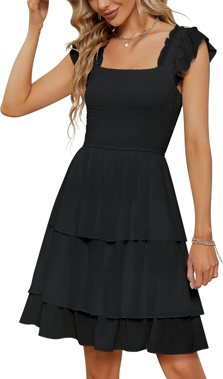 YATHON Smocked Ruffle Short Mini Dress for Women Square Neck Flowy Sleeveless Tiered Party Wedding Guest Dresses
