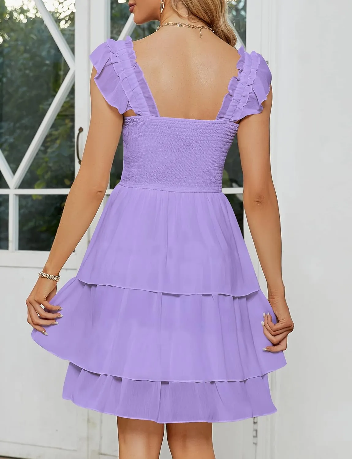YATHON Smocked Ruffle Short Mini Dress for Women Square Neck Flowy Sleeveless Tiered Party Wedding Guest Dresses