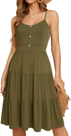 YATHON Sundresses for Women Casual Summer Beach Sleeveless Spaghetti Strap Dress Button Down Ruffle Flowy Pleated Dresses