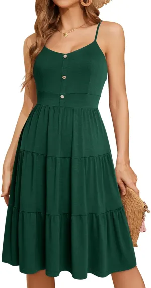 YATHON Sundresses for Women Casual Summer Beach Sleeveless Spaghetti Strap Dress Button Down Ruffle Flowy Pleated Dresses