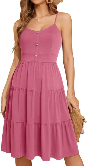 YATHON Sundresses for Women Casual Summer Beach Sleeveless Spaghetti Strap Dress Button Down Ruffle Flowy Pleated Dresses
