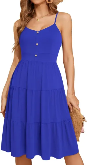 YATHON Sundresses for Women Casual Summer Beach Sleeveless Spaghetti Strap Dress Button Down Ruffle Flowy Pleated Dresses