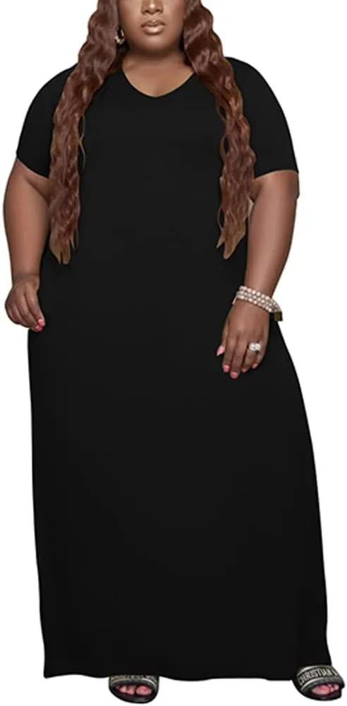 YeGine Oversize Tshirt Dress Plus Size Short Sleeve Maxi Dress with Pockets