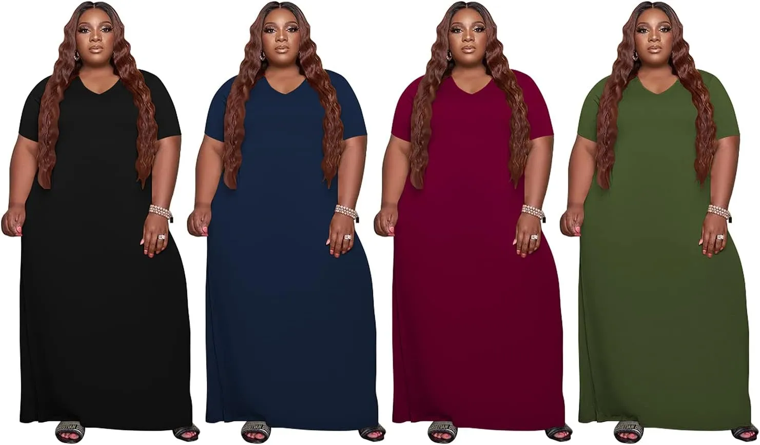 YeGine Oversize Tshirt Dress Plus Size Short Sleeve Maxi Dress with Pockets