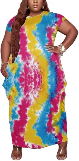 YeGine Oversize Tshirt Dress Plus Size Short Sleeve Maxi Dress with Pockets