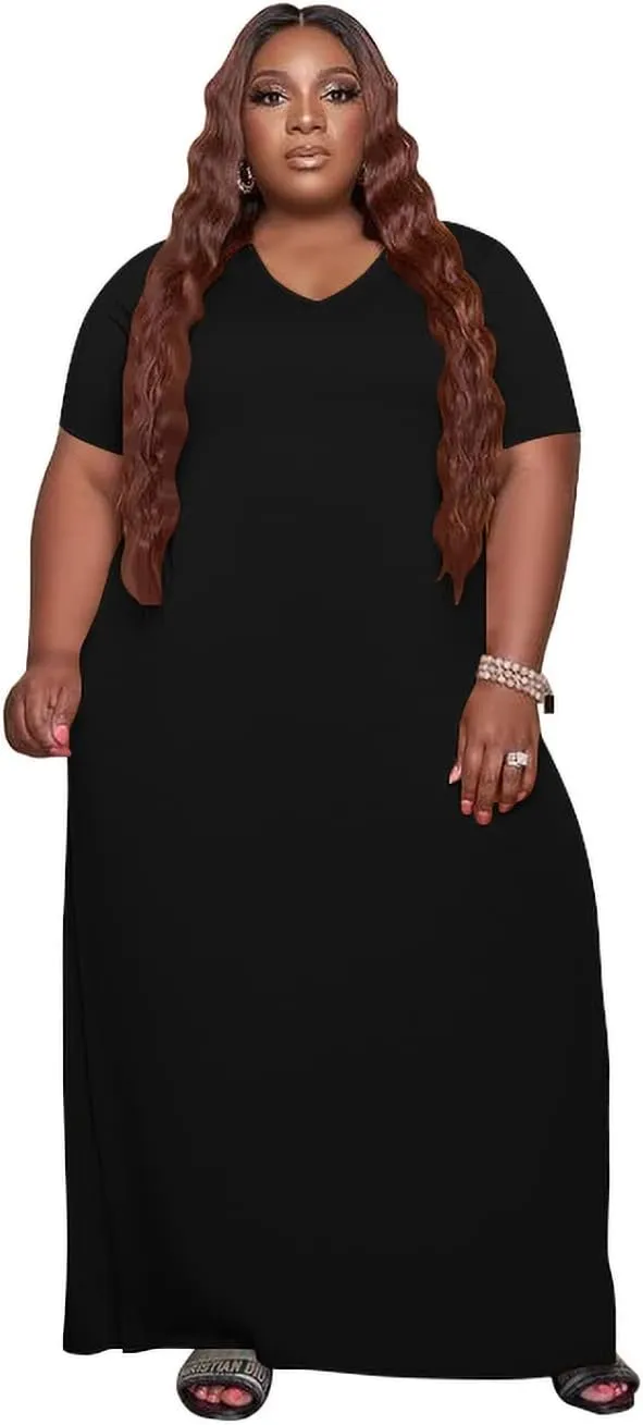YeGine Oversize Tshirt Dress Plus Size Short Sleeve Maxi Dress with Pockets