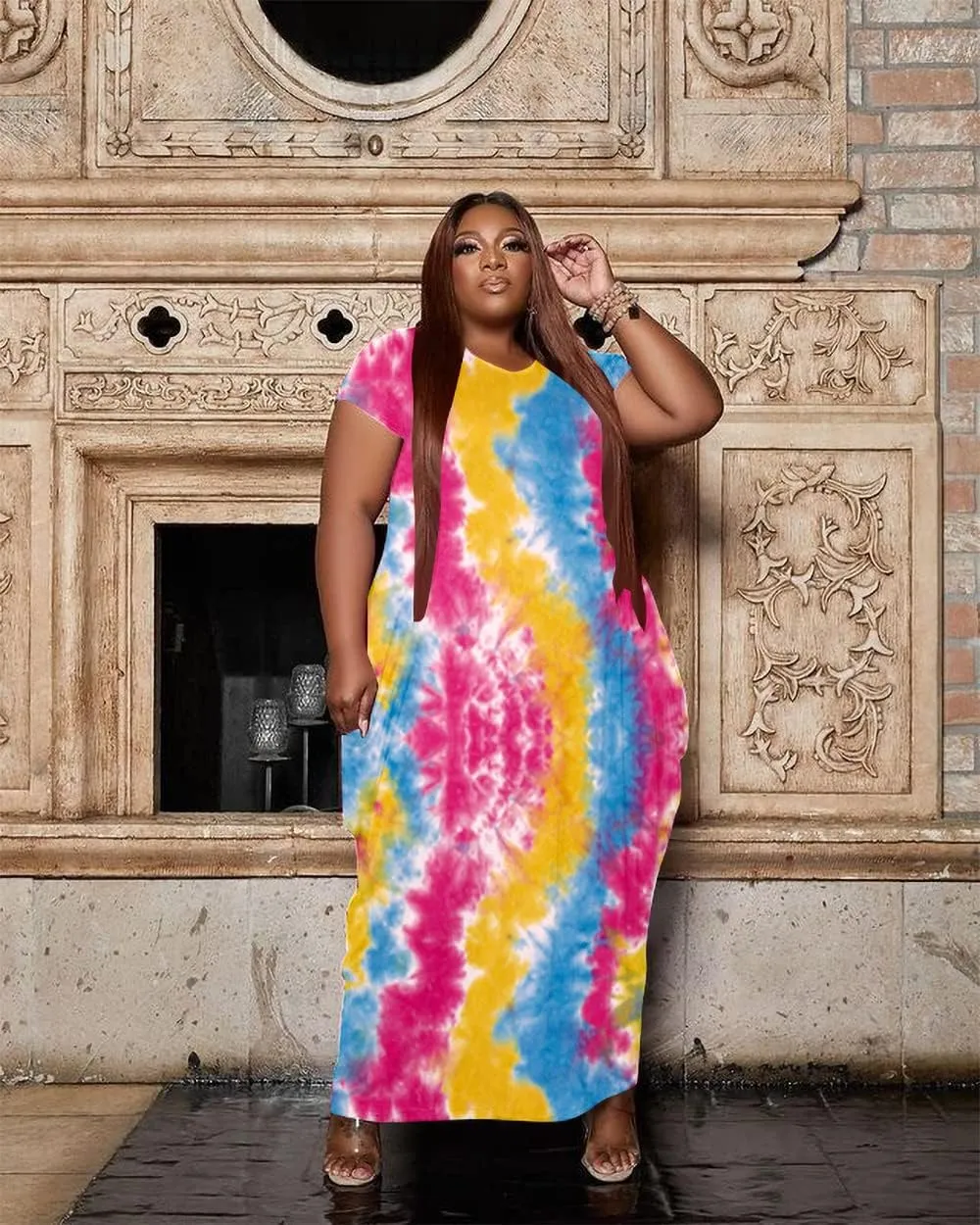 YeGine Oversize Tshirt Dress Plus Size Short Sleeve Maxi Dress with Pockets