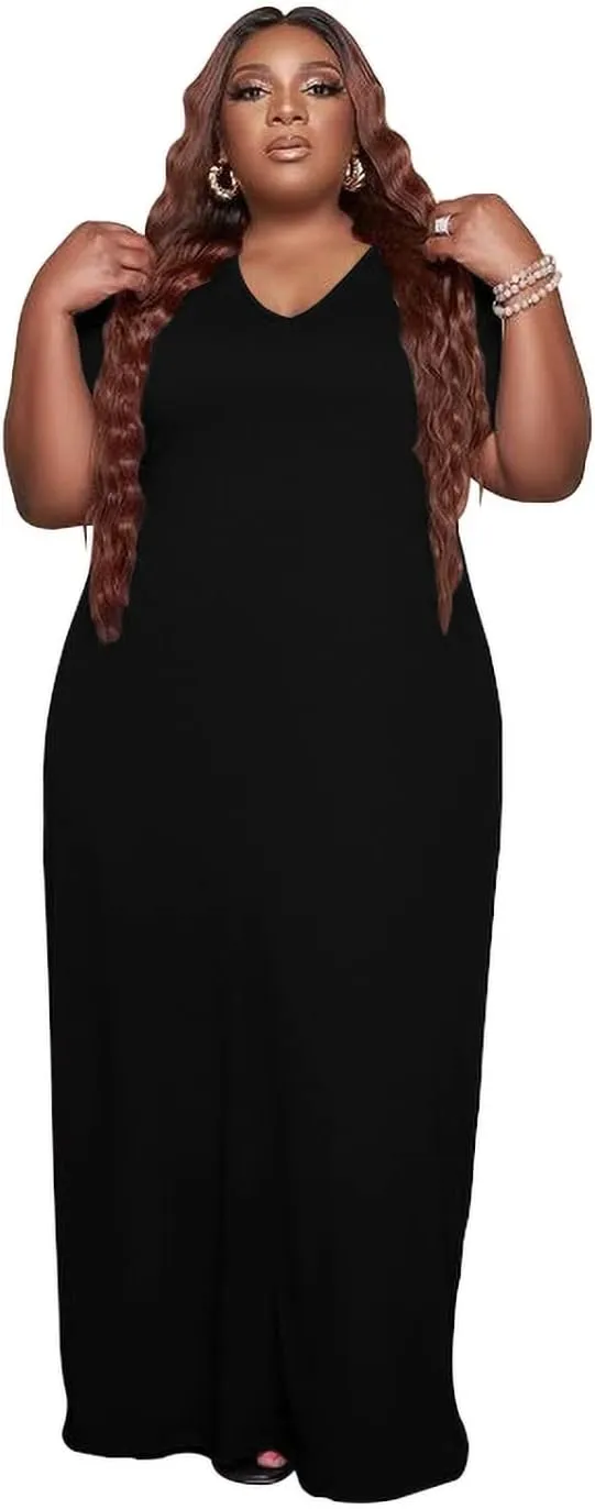 YeGine Oversize Tshirt Dress Plus Size Short Sleeve Maxi Dress with Pockets