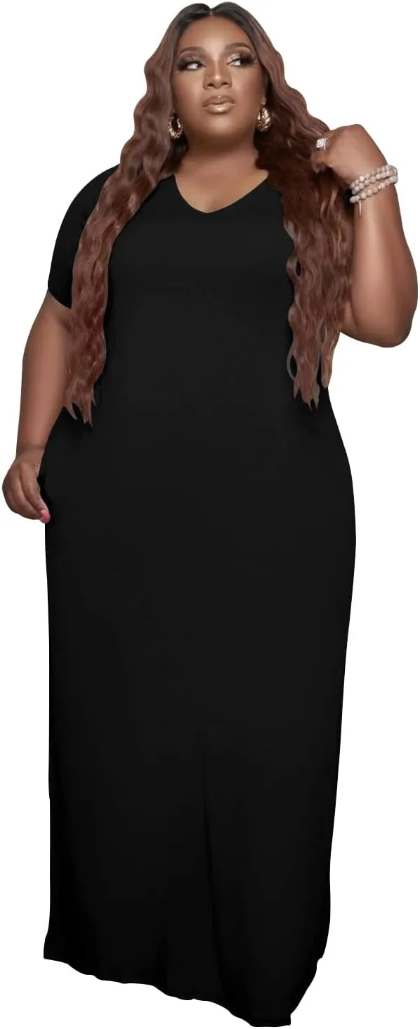 YeGine Oversize Tshirt Dress Plus Size Short Sleeve Maxi Dress with Pockets