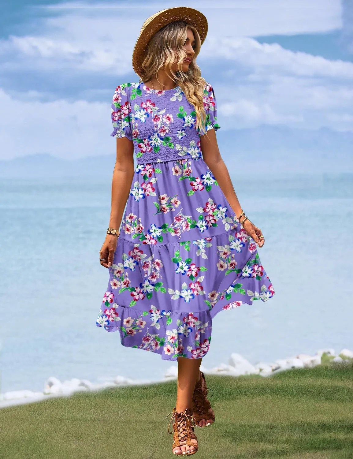 YESNO Women's Summer Causal Puff Short Sleeve Smocked Dress Elastic Waist Tiered Midi Dress with Pockets EP2