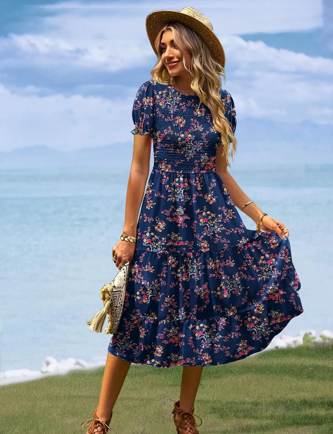 YESNO Women's Summer Causal Puff Short Sleeve Smocked Dress Elastic Waist Tiered Midi Dress with Pockets EP2