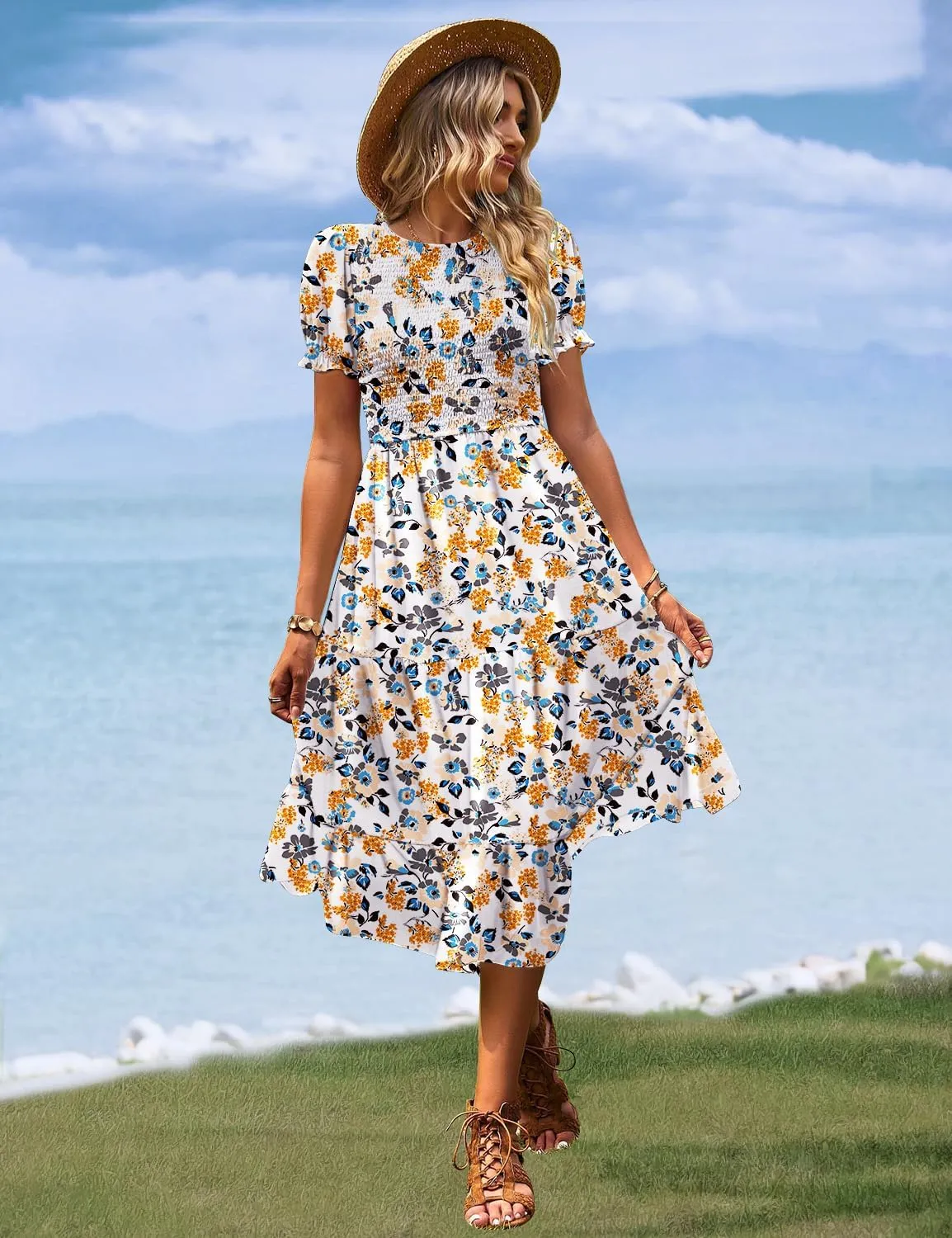 YESNO Women's Summer Causal Puff Short Sleeve Smocked Dress Elastic Waist Tiered Midi Dress with Pockets EP2