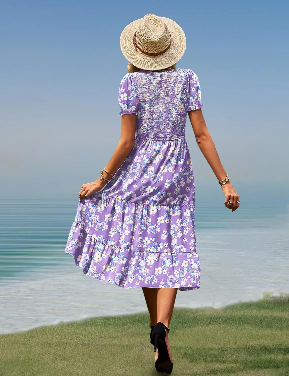 YESNO Women's Summer Causal Puff Short Sleeve Smocked Dress Elastic Waist Tiered Midi Dress with Pockets EP2