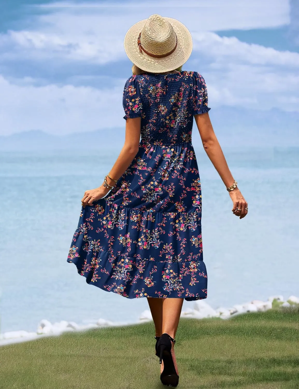 YESNO Women's Summer Causal Puff Short Sleeve Smocked Dress Elastic Waist Tiered Midi Dress with Pockets EP2