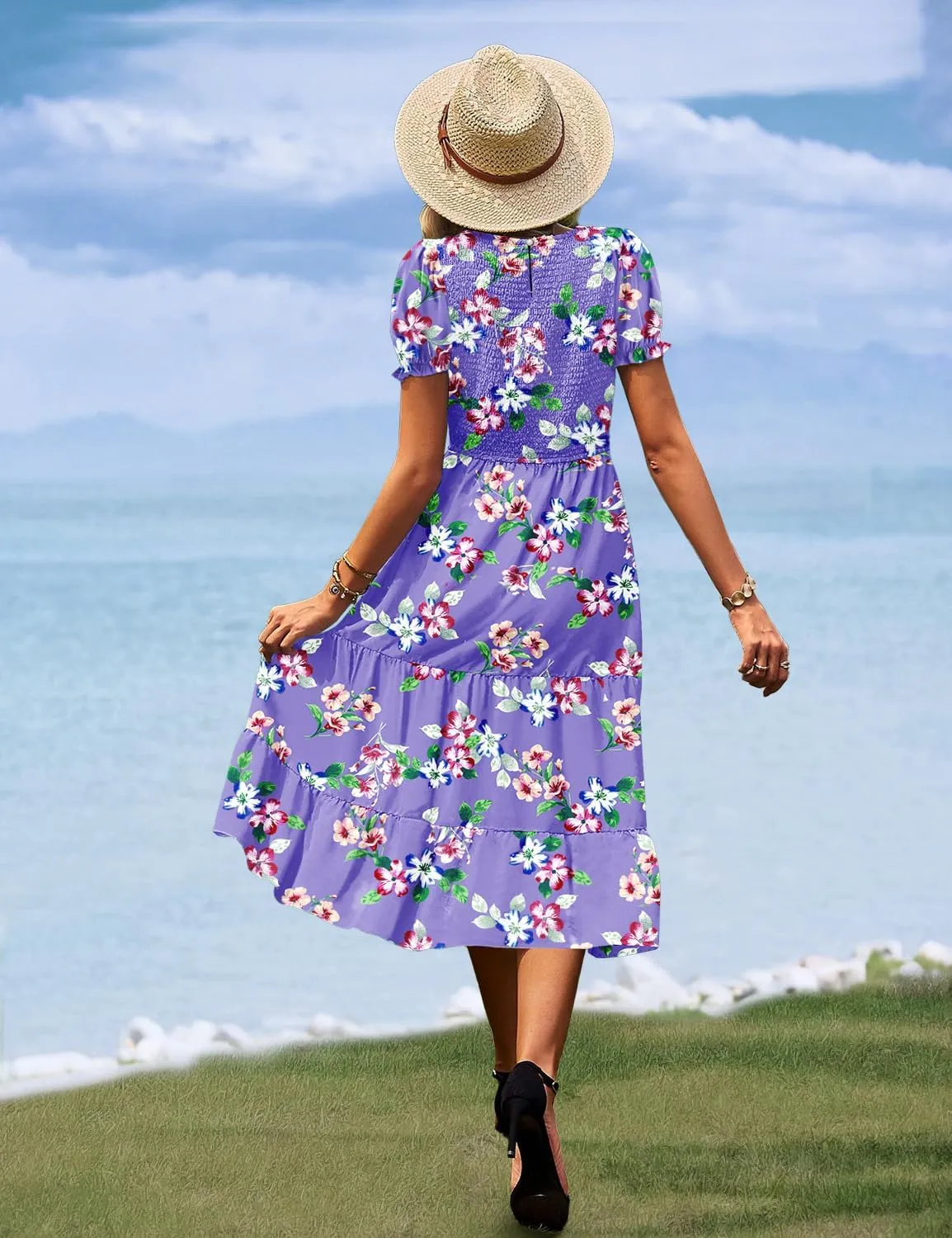 YESNO Women's Summer Causal Puff Short Sleeve Smocked Dress Elastic Waist Tiered Midi Dress with Pockets EP2