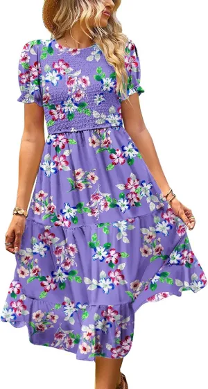 YESNO Women's Summer Causal Puff Short Sleeve Smocked Dress Elastic Waist Tiered Midi Dress with Pockets EP2