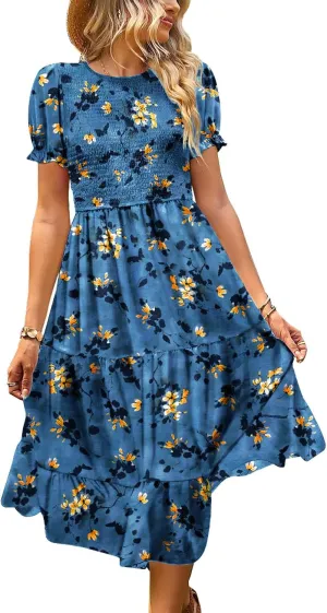 YESNO Women's Summer Causal Puff Short Sleeve Smocked Dress Elastic Waist Tiered Midi Dress with Pockets EP2