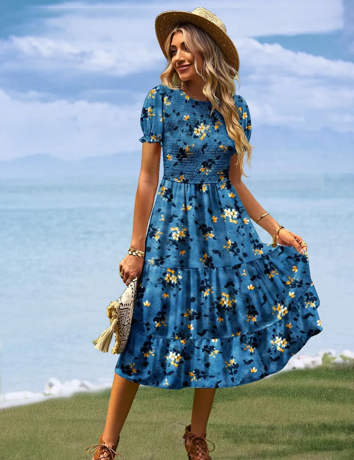 YESNO Women's Summer Causal Puff Short Sleeve Smocked Dress Elastic Waist Tiered Midi Dress with Pockets EP2