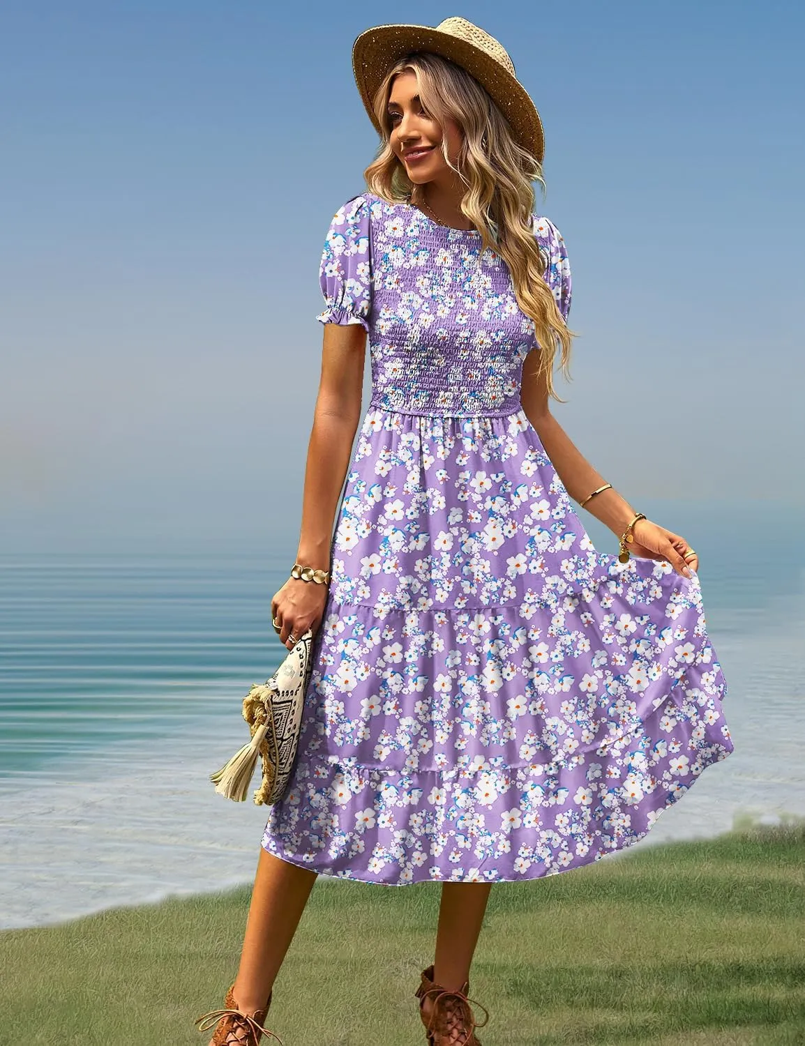 YESNO Women's Summer Causal Puff Short Sleeve Smocked Dress Elastic Waist Tiered Midi Dress with Pockets EP2