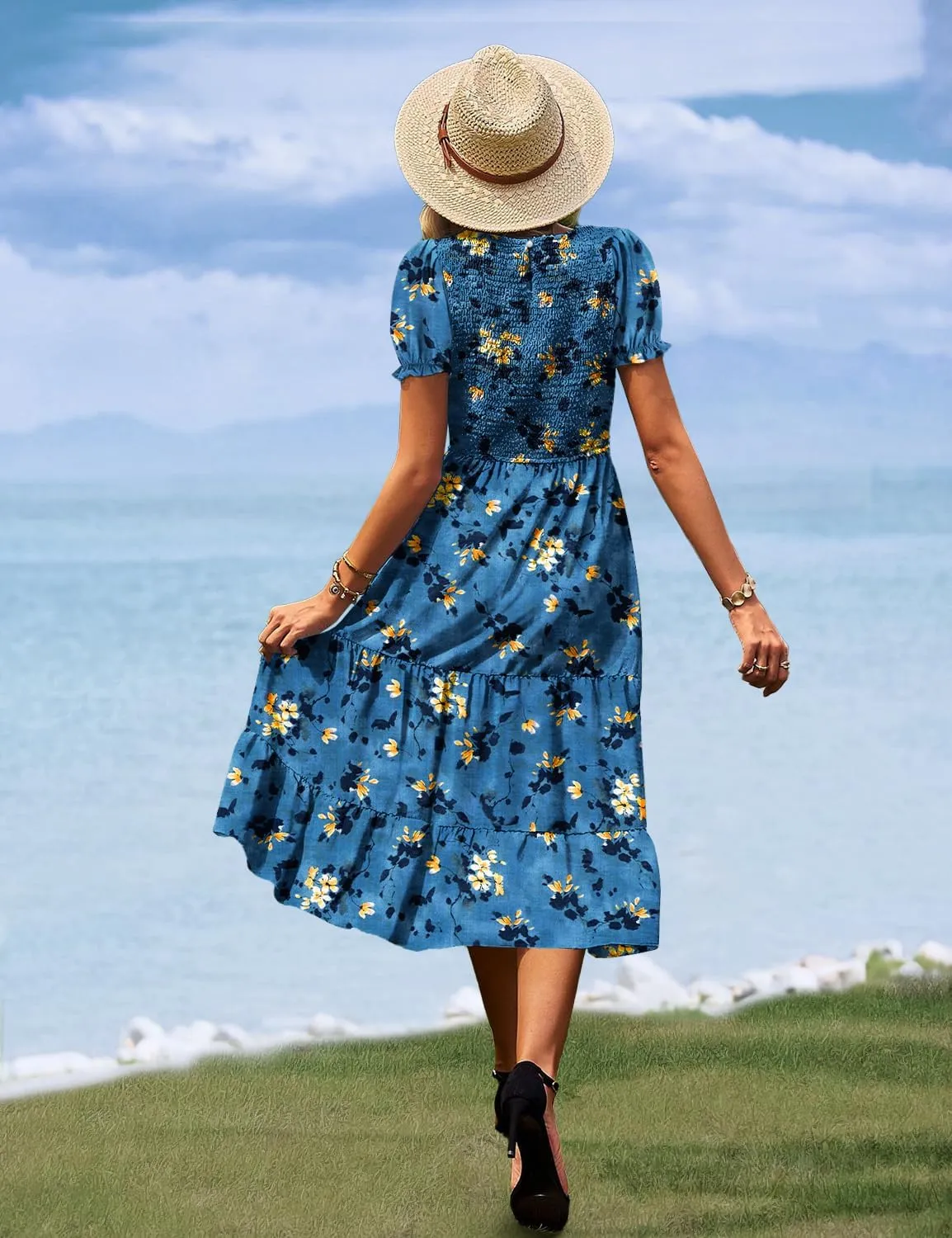 YESNO Women's Summer Causal Puff Short Sleeve Smocked Dress Elastic Waist Tiered Midi Dress with Pockets EP2