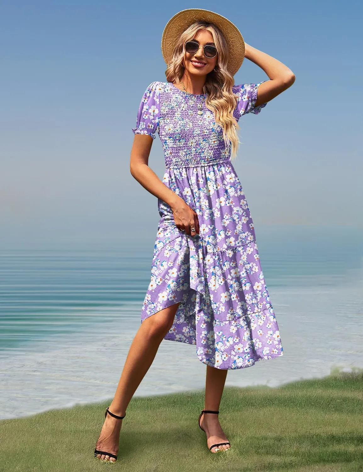 YESNO Women's Summer Causal Puff Short Sleeve Smocked Dress Elastic Waist Tiered Midi Dress with Pockets EP2