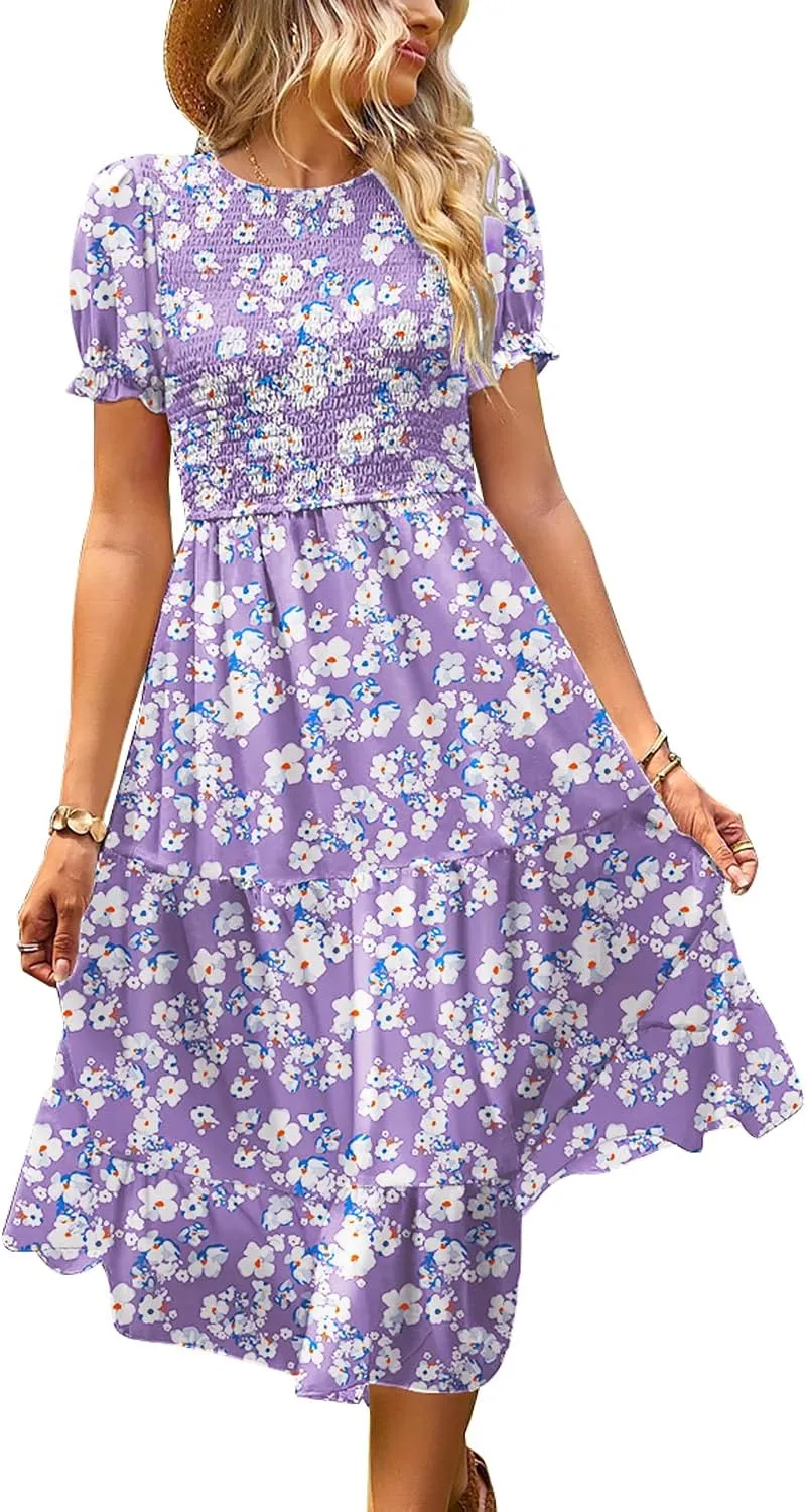 YESNO Women's Summer Causal Puff Short Sleeve Smocked Dress Elastic Waist Tiered Midi Dress with Pockets EP2