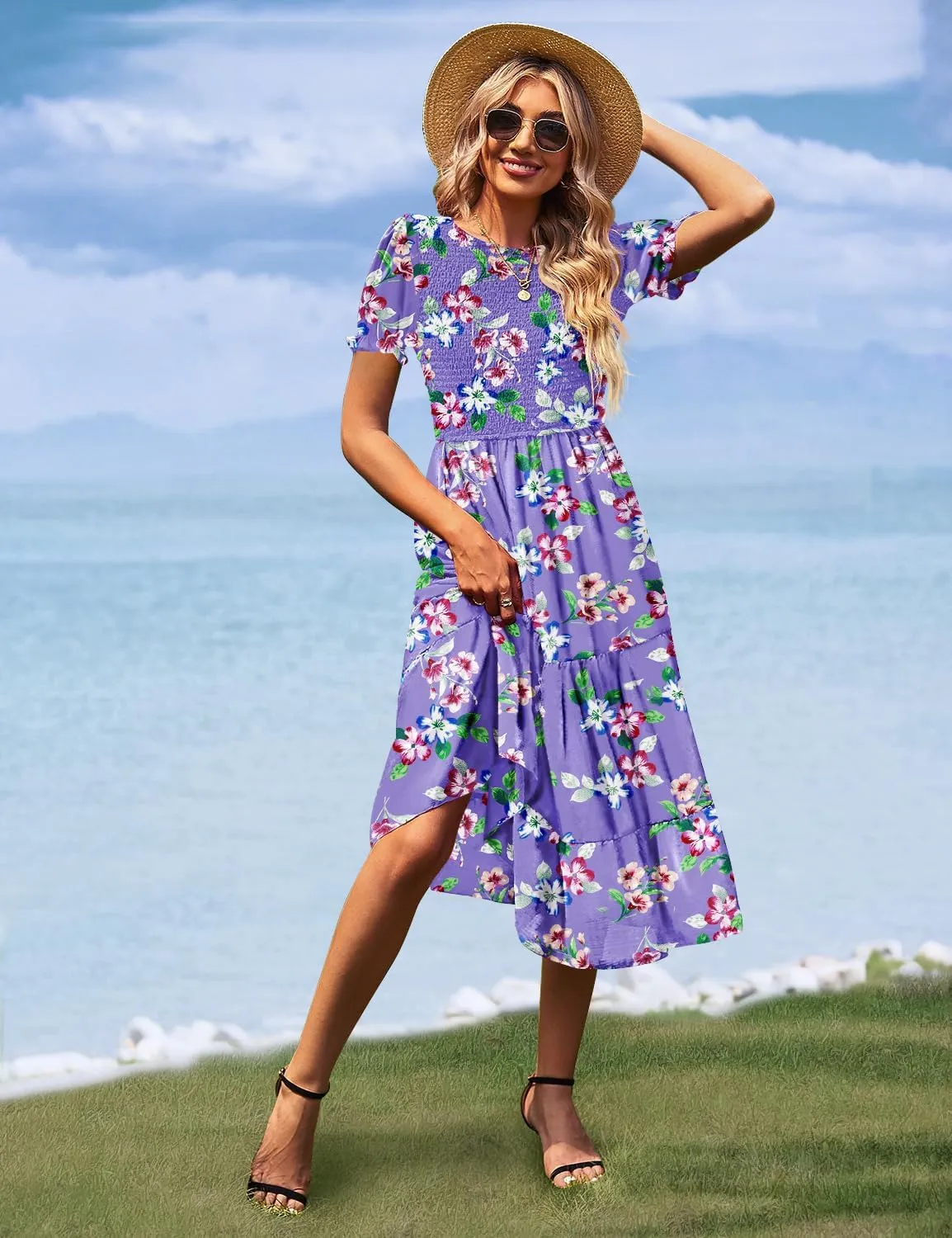 YESNO Women's Summer Causal Puff Short Sleeve Smocked Dress Elastic Waist Tiered Midi Dress with Pockets EP2